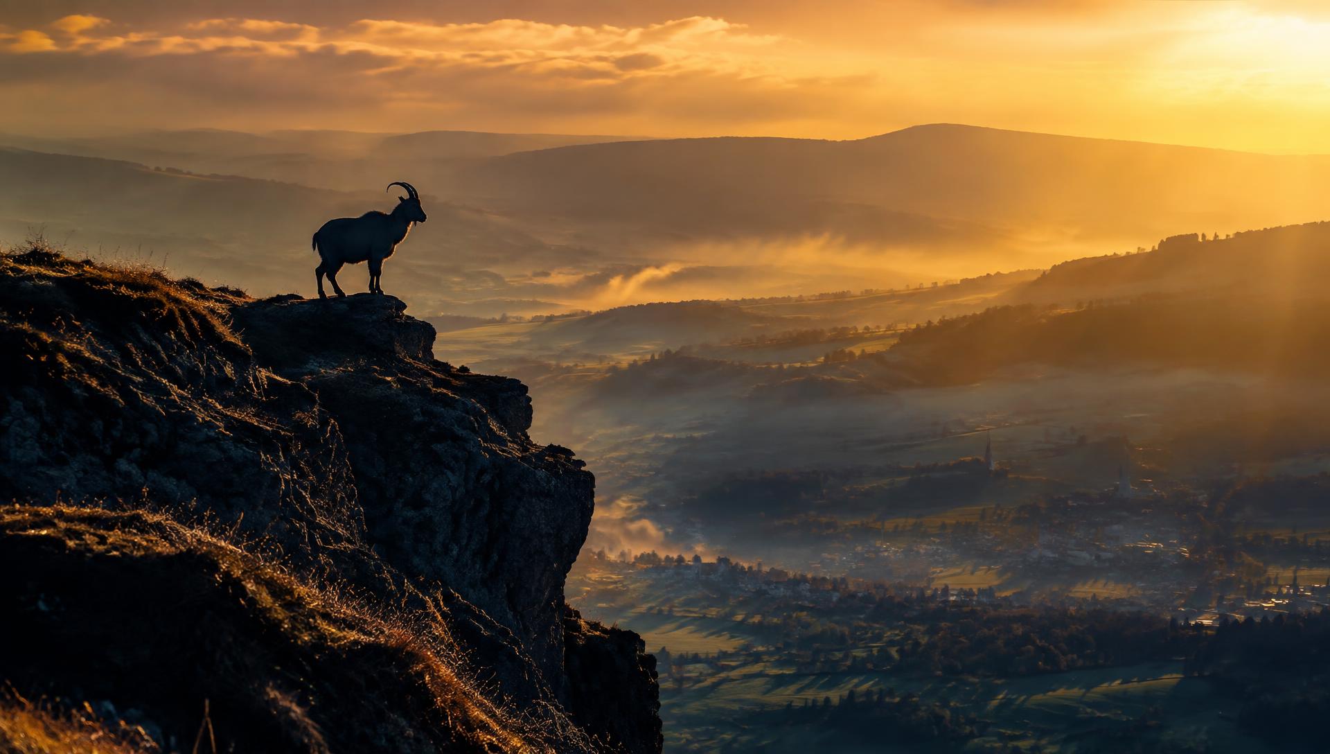 Mountain goat overlooking a British valley at sunrise